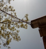 A metal gutter attached to a building with chains extends outward, with a tree branch in soft focus in the background against a blue sky. The sun casts a bright light, creating a serene and rustic atmosphere.